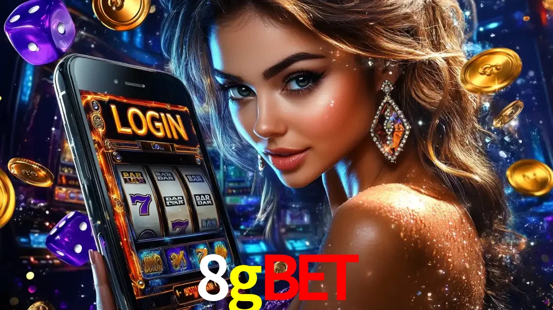 Mulher glamorosa segurando um smartphone com a tela de login para os jogos de caça-níqueis do cassino online 8gbet, com moedas de ouro e dados ao redor.
